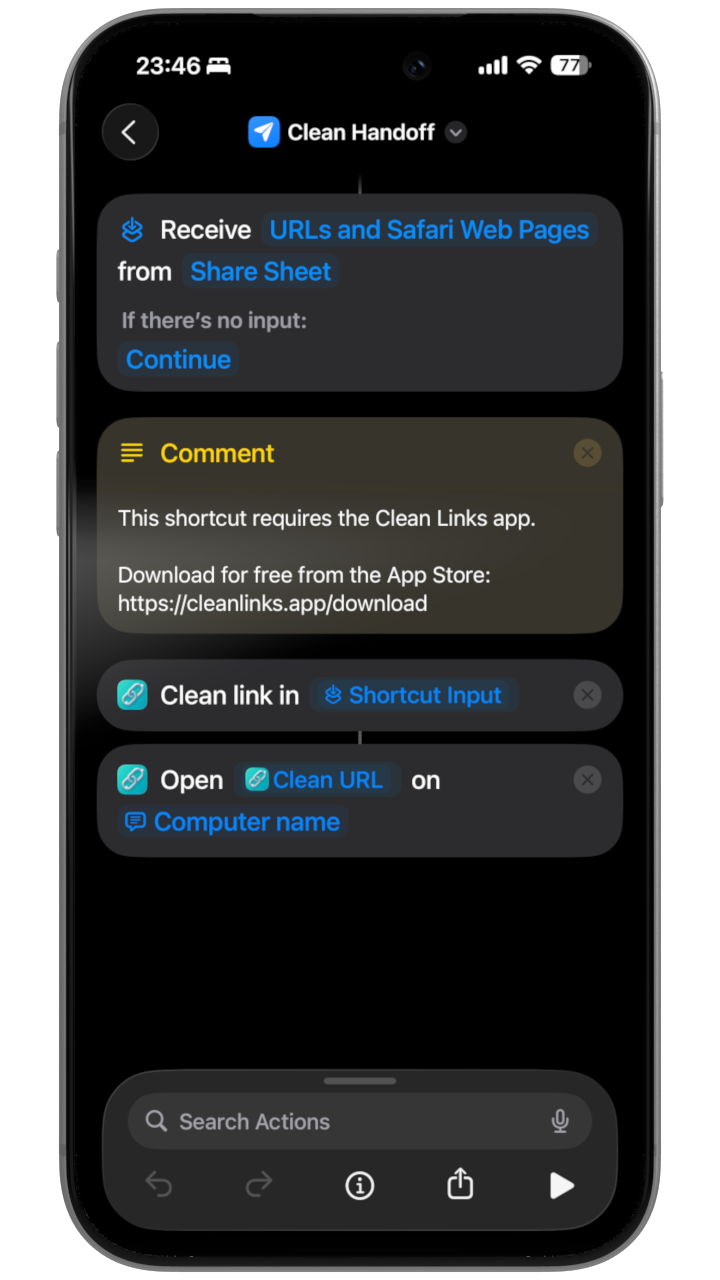 Clean Handoff Apple Shortcut showing actions to clean a URL from the Share Sheet and hand it off to another device like a Mac