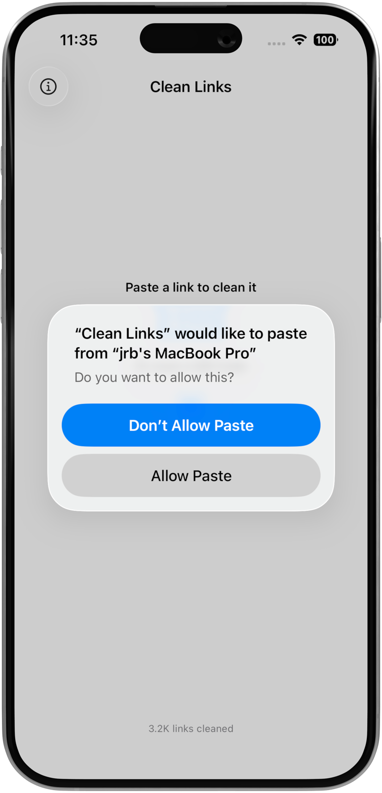 iPhone Paste from Other Apps permission prompt shown over the Clean Links app with Allow and Don't Allow buttons
