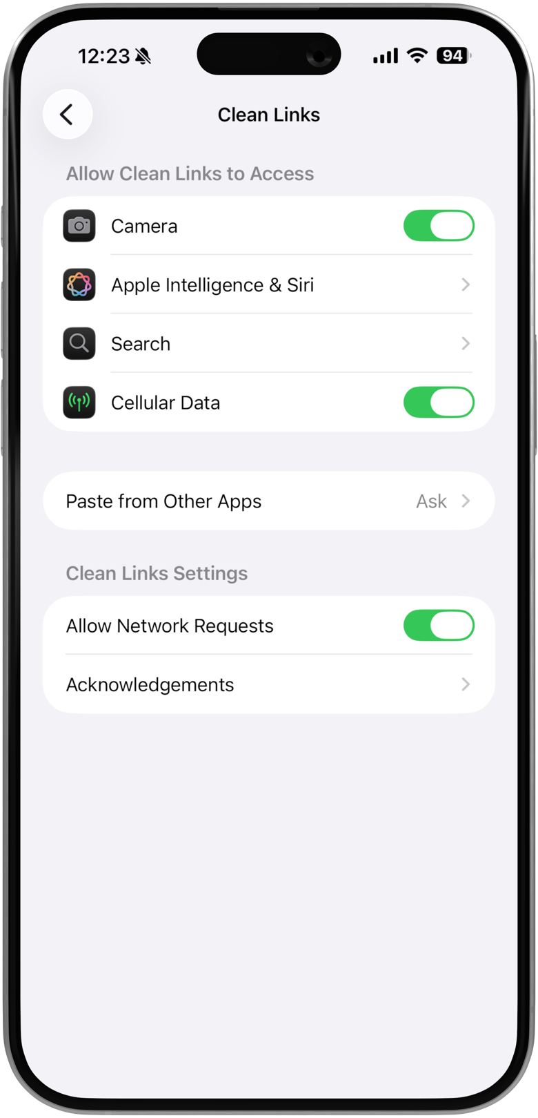 iPhone Settings screen for Clean Links showing the Paste from Other Apps option set to Allow under Apps