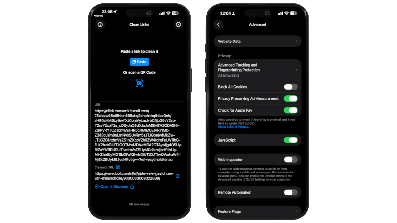 Clean Links vs Safari Advanced Tracking & Fingerprinting Protection comparison showing iOS settings and link cleaning in action