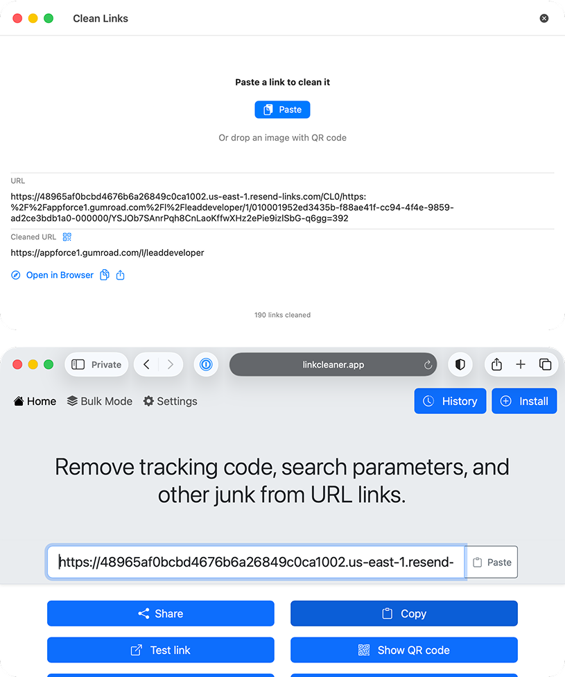 Comparison of Clean Links vs Link Cleaner cleaning the same Resend shortlink showing different results