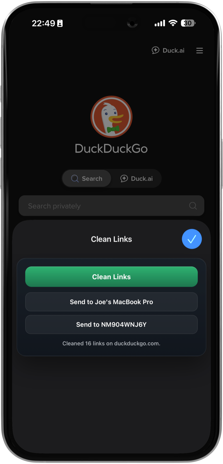 Enable Clean Links Safari extension on iPhone showing the Manage Extensions menu